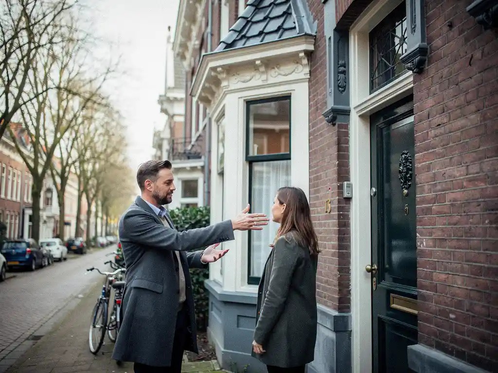 Makelaar bespreekt vooroorlogse Kralingse herenwoning met erker in Rotterdam met klant aan de voordeur.