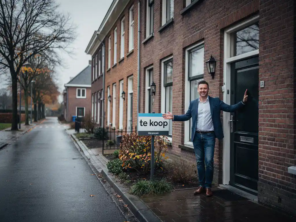 Makelaar in casual zakelijke kleding wijst naar een te koop-bord voor een rood-bakstenen rijtjeshuis op een bewolkte herfstdag.