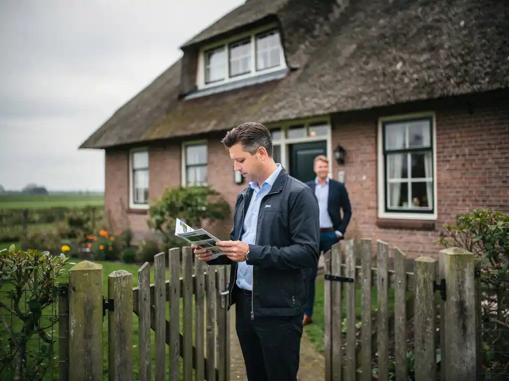 Makelaar bekijkt woningdocumenten bij het tuinhek van een vrijstaande woning met rietgedekt dak in Reeuwijk.