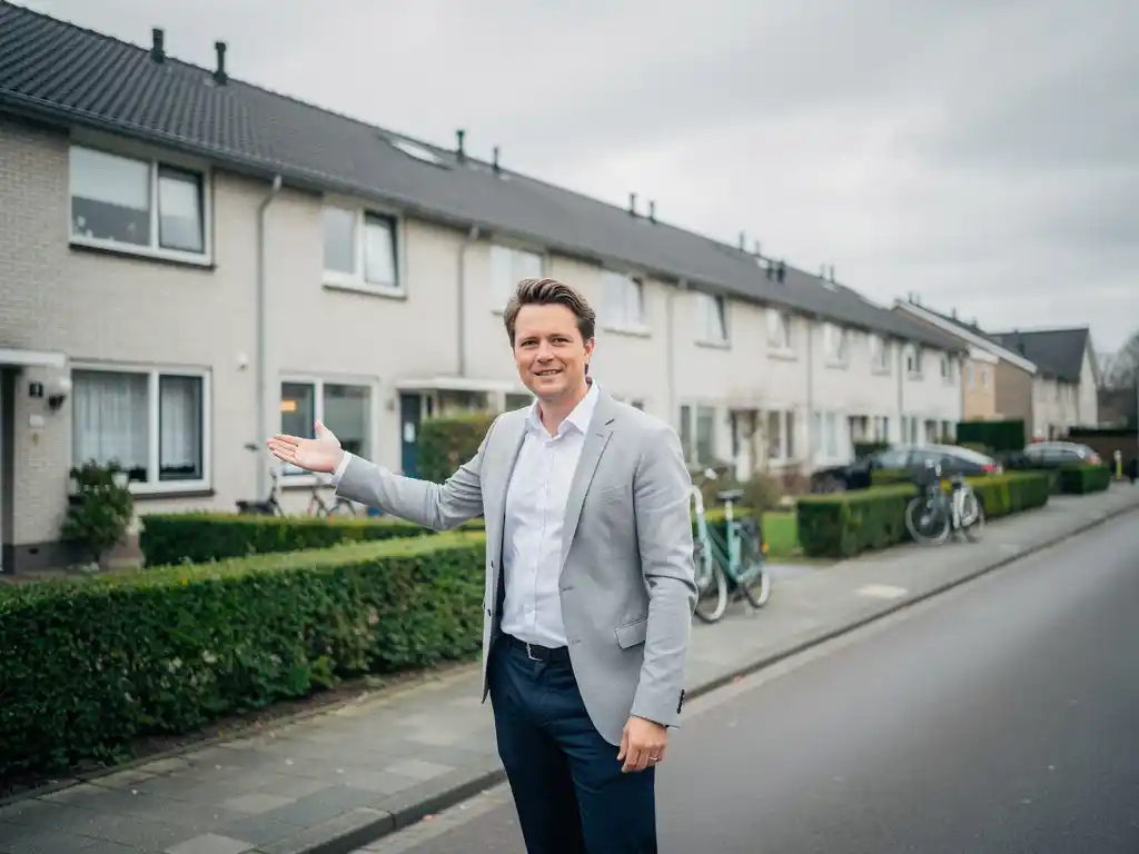 Makelaar in casual kleding wijst naar rijtjeshuizen uit de jaren 70 in Waddinxveen, met lage hagen en fietsen op straat.