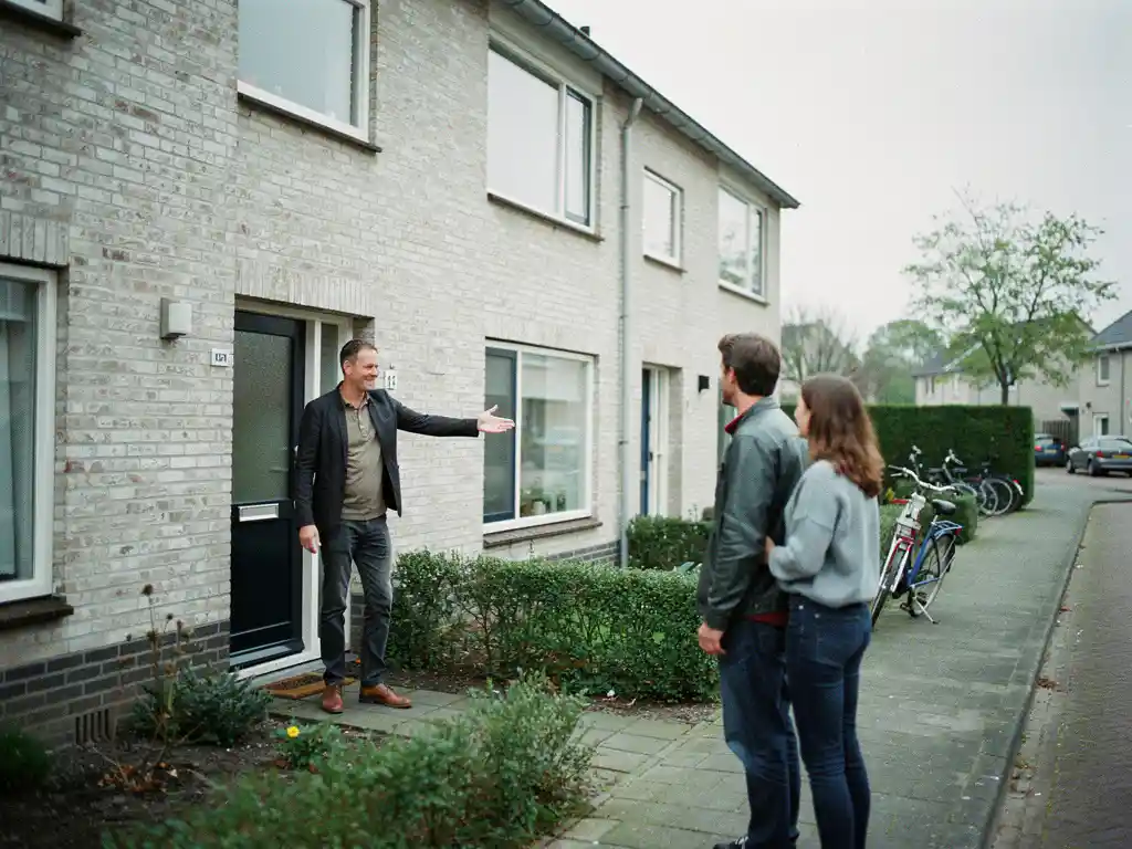 Makelaar legt een stel uit over een jaren 70 halfvrijstaande woning in Waddinxveen, lichtbakstenen gevel, bewolkte dag.