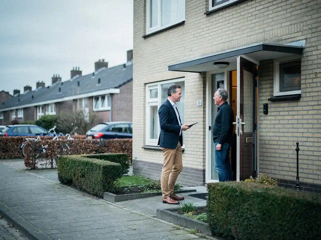 Makelaar in gesprek met huiseigenaar bij de voordeur van een jaren '70 rijtjeswoning in Waddinxveen.