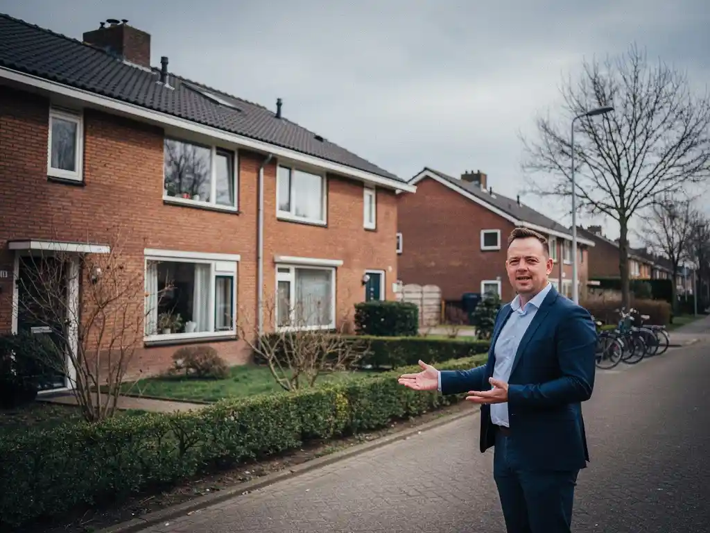 Makelaar in casual zakelijke kleding wijst naar een jaren '70 halfvrijstaande bakstenen woning in Waddinxveen op een bewolkte vroege lentedag.