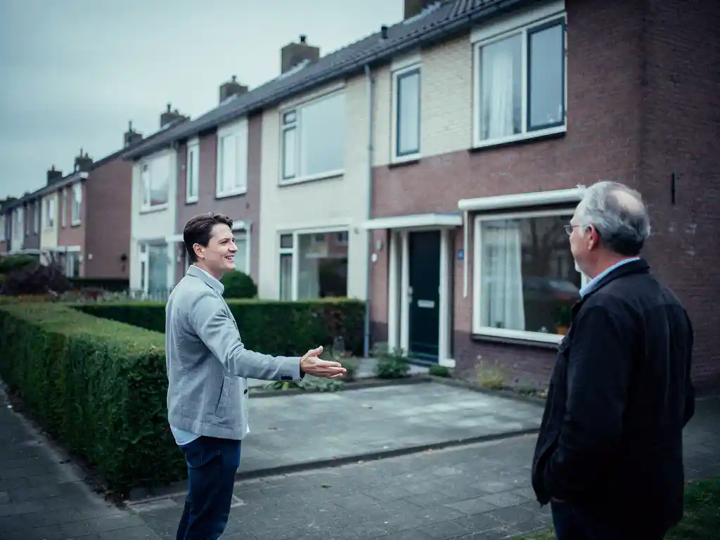 Makelaar in zakelijk casual kleding bespreekt lichtgemetselde jaren 70 twee-onder-een-kapwoning in Waddinxveen met eigenaar bij voordeur.