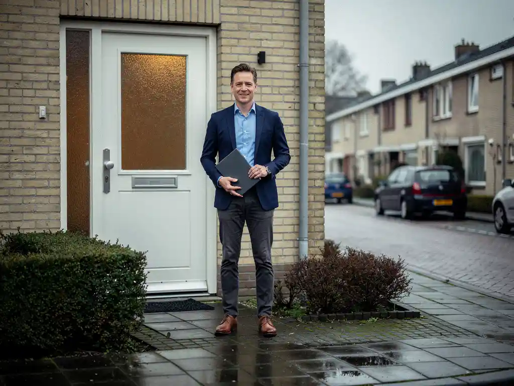 Makelaar in zakelijke kleding bij de voordeur van een jaren 70 twee-onder-een-kapwoning in Waddinxveen, documentmap in hand, bewolkte lucht.