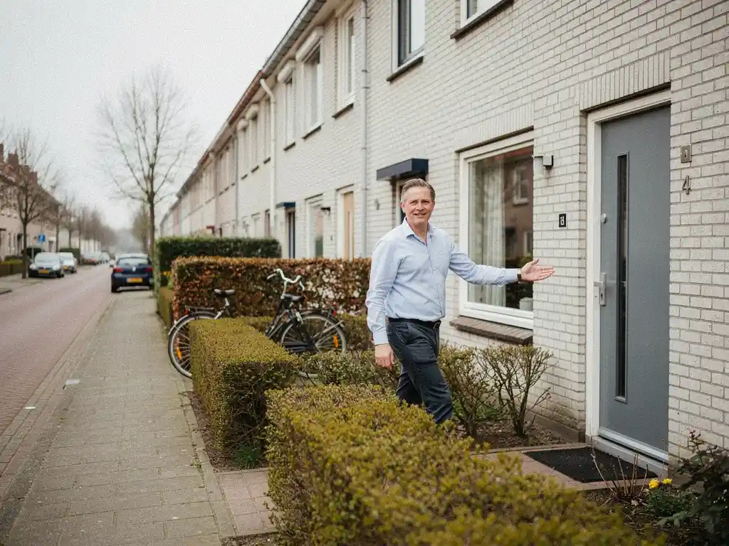 Makelaar in zakelijke kleding wijst naar de voordeur van een lichtbakstenen rijtjeswoning in Waddinxveen, rustige woonstraat op de achtergrond.