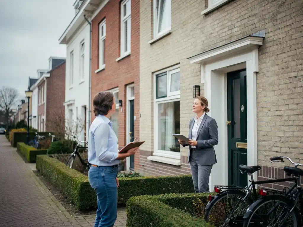Makelaar met klembord bestudeert de gevel van een lichtbruine rijtjeswoning in Waddinxveen op een bewolkte dag.