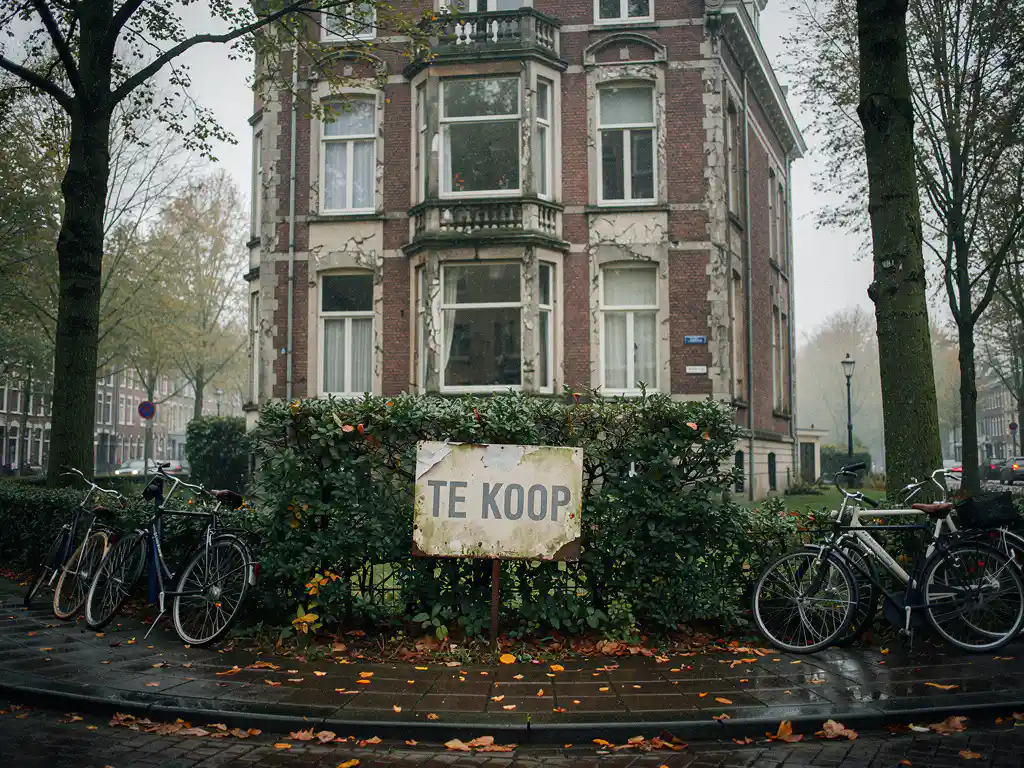 Vooroorlogs Rotterdams herenhuis te koop met erkerwamen, verweerde stucgevel en overgroeide haag op een stille laan.