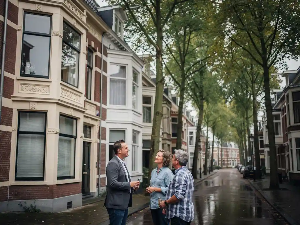 Rotterdamse makelaar toont vooroorlogs herenhuis met erkers aan stel op laan in Kralingen, natte klinkers, bewolkt daglicht.