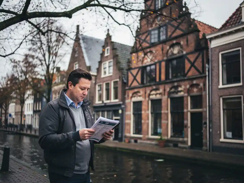 Gecertificeerde taxateur bestudeert eigendomsdocumenten voor de trapgevel van een 17e-eeuws grachtenpand in Gouda.