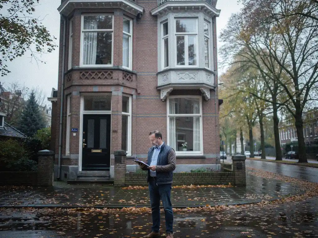 Gecertificeerd taxateur inspecteert bakstenen gevel van vooroorlogs herenhuis met erkers aan laan in Rotterdam Kralingen, herfstbladeren op natte stoep.
