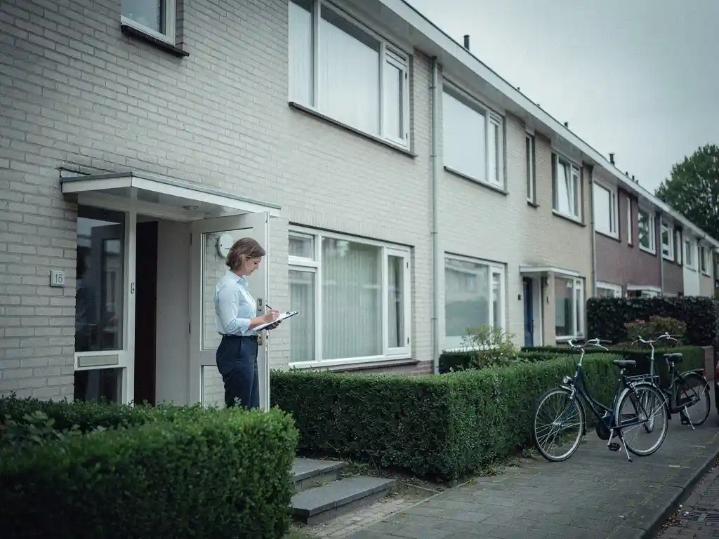 Taxateur met klembord inspecteert de gevel van een jaren 70 rijtjeswoning in Waddinxveen op een bewolkte dag.
