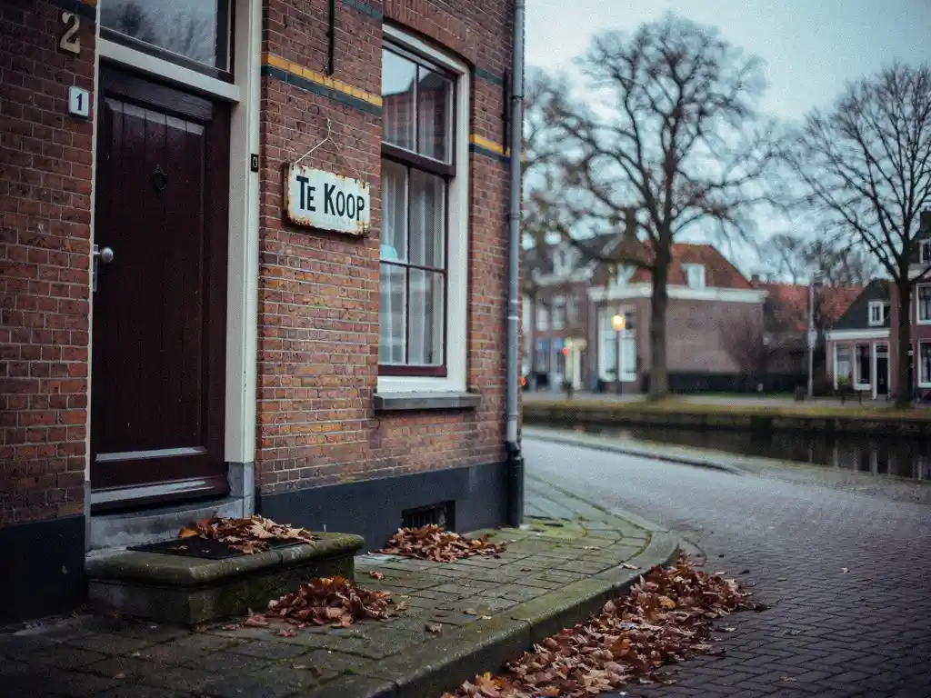Leegstaand grachtenpand in Gouda met vervaagd Te Koop-bord, herfstbladeren op de stoep en kale bomen langs de gracht.