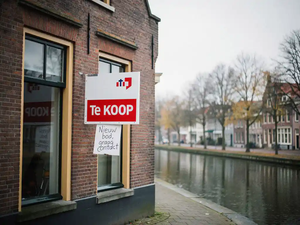 Te Koop-bord op gevelsteen van smalle trapgevel grachtenpand in Gouda, met tweede bod zichtbaar erachter, kale herfstbomen spiegelen in het water.
