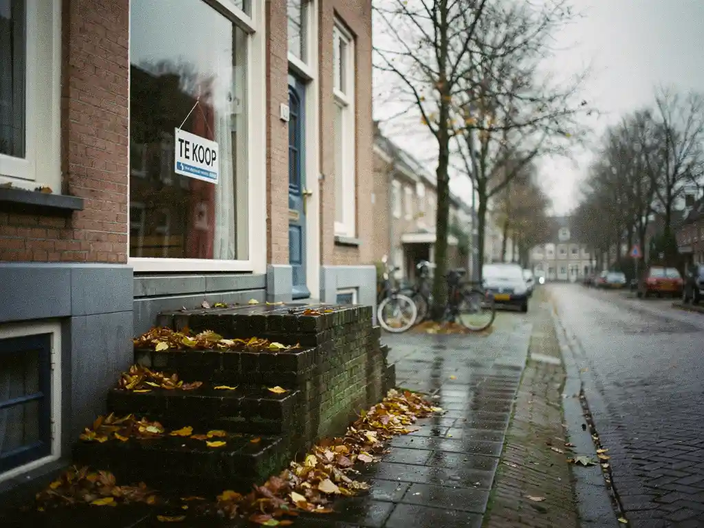 Te koop-bord in raam van Nederlandse rijtjeswoning in Zuid-Holland, herfstbladeren op natte bakstenen stoep, kale bomen op bewolkte dag.