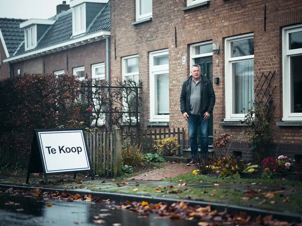 Bezorgde huiseigenaar bij de voordeur van een Nederlandse bakstenen rijtjeswoning met een Te Koop-bord tegen het hek op een bewolkte herfstdag.