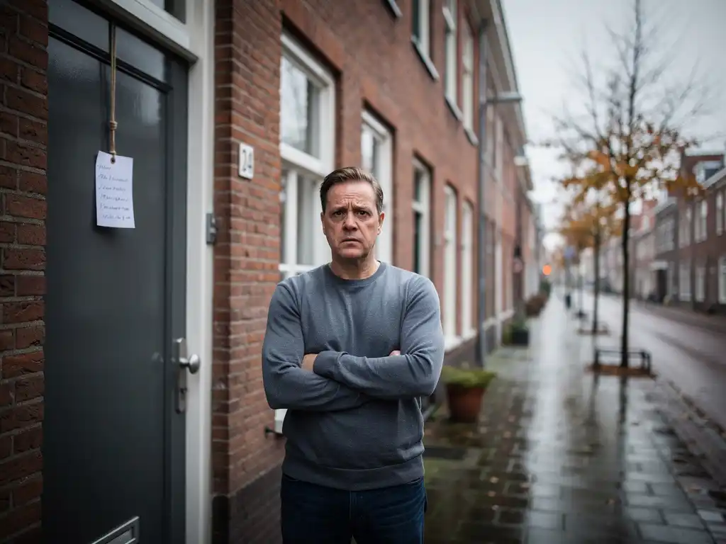 Gespannen huiseigenaar met gekruiste armen bij voordeur van Hollandse bakstenen rijtjeswoning met handgeschreven prijskaartje, bewolkte herfstdag.