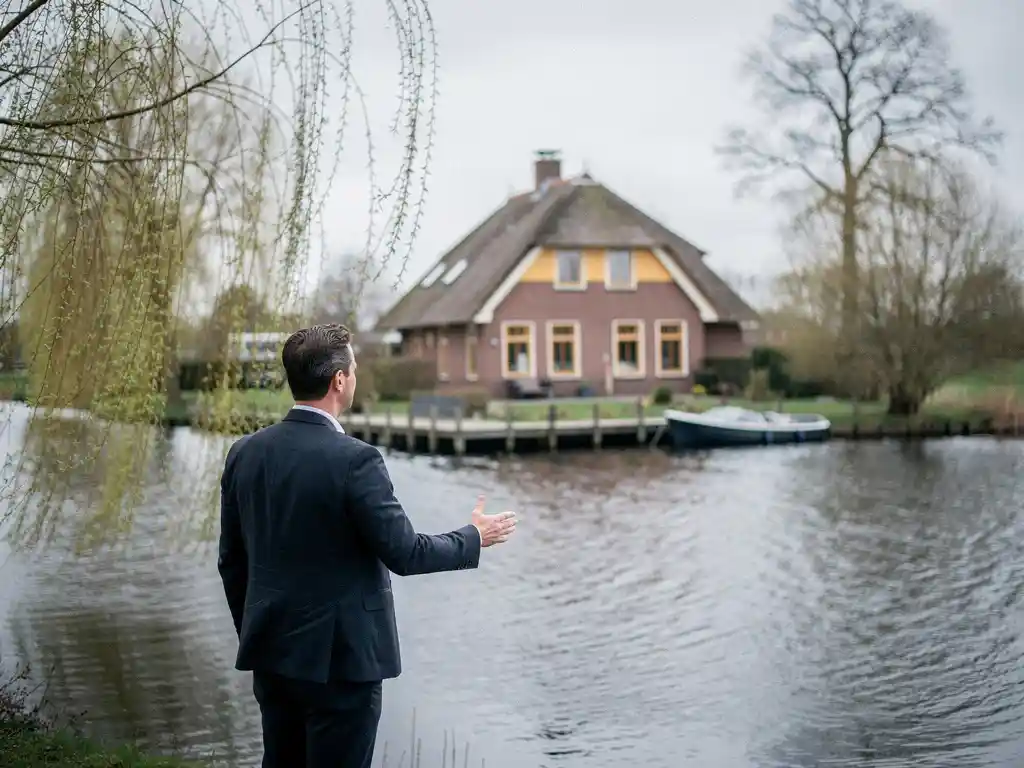 Makelaar wijst naar vrijstaande woning met rietgedekt dak, eigen steiger en boot aan het water in Reeuwijk, omringd door wilgen.