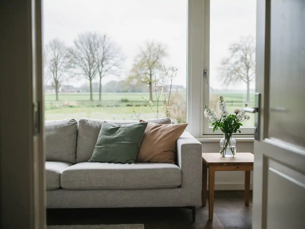 Lichte woonkamer in Reeuwijk met linnen bank, witte bloemen op houten bijzettafel en uitzicht op een poldertuin in vroeg voorjaar.