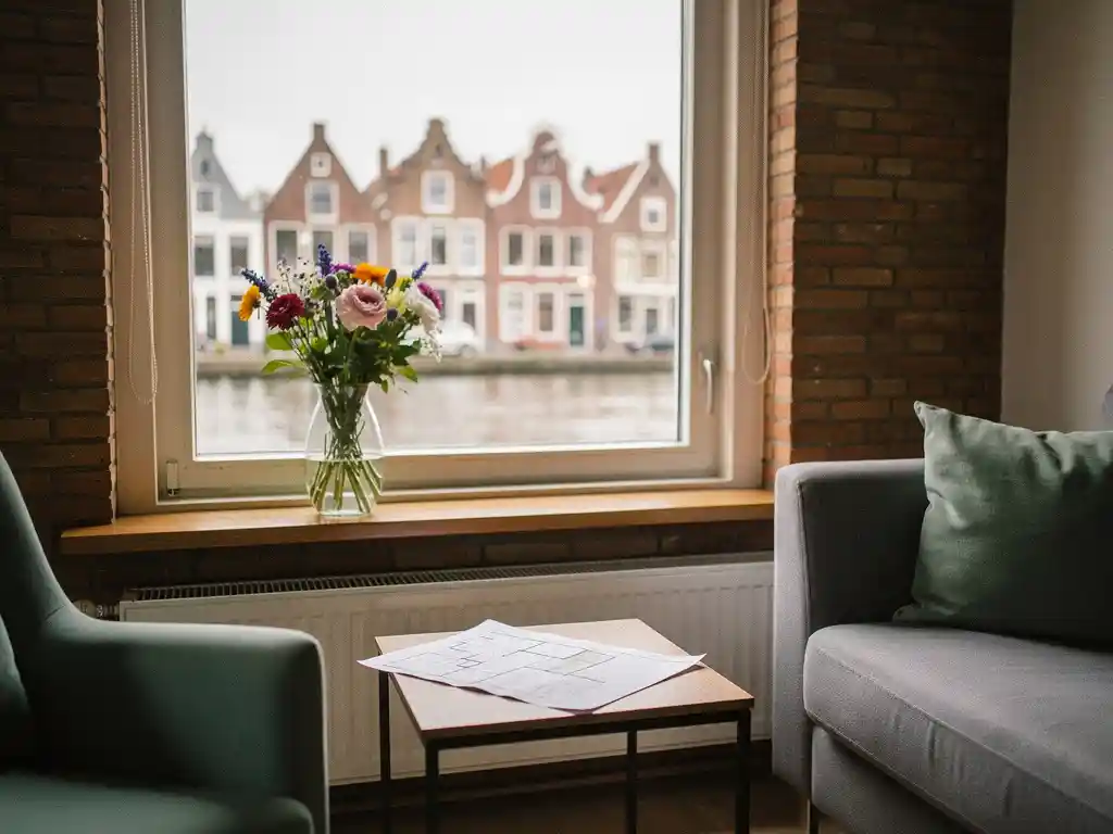 Opgeruimde Nederlandse woonkamer te koop met verse bloemen op vensterbank, uitzicht op Goudse gracht met trapgevels en plattegrond op bijzettafel.