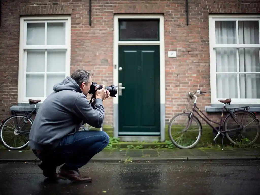 Vastgoedfotograaf fotografeert traditionele Hollandse bakstenen rijwoning in Bodegraven op bewolkte dag, fietsen tegen de gevel.