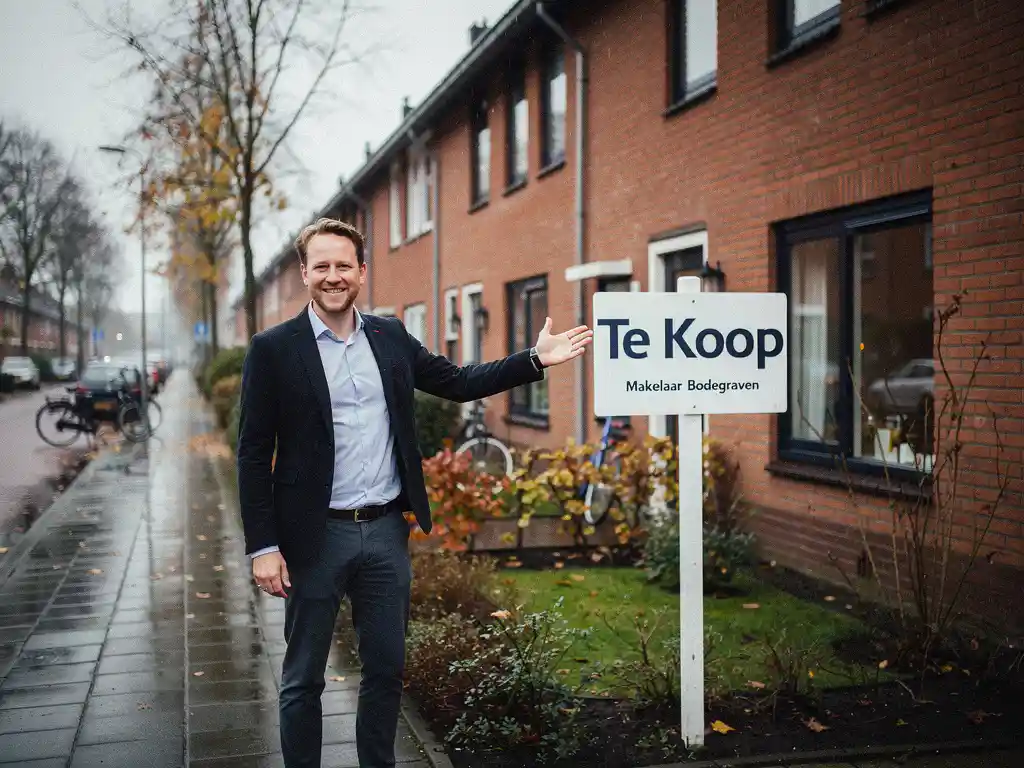 Makelaar wijst naar gevel van te koop staande rode bakstenen rijtjeswoning in Bodegraven, herfstochtend met natte straatstenen.