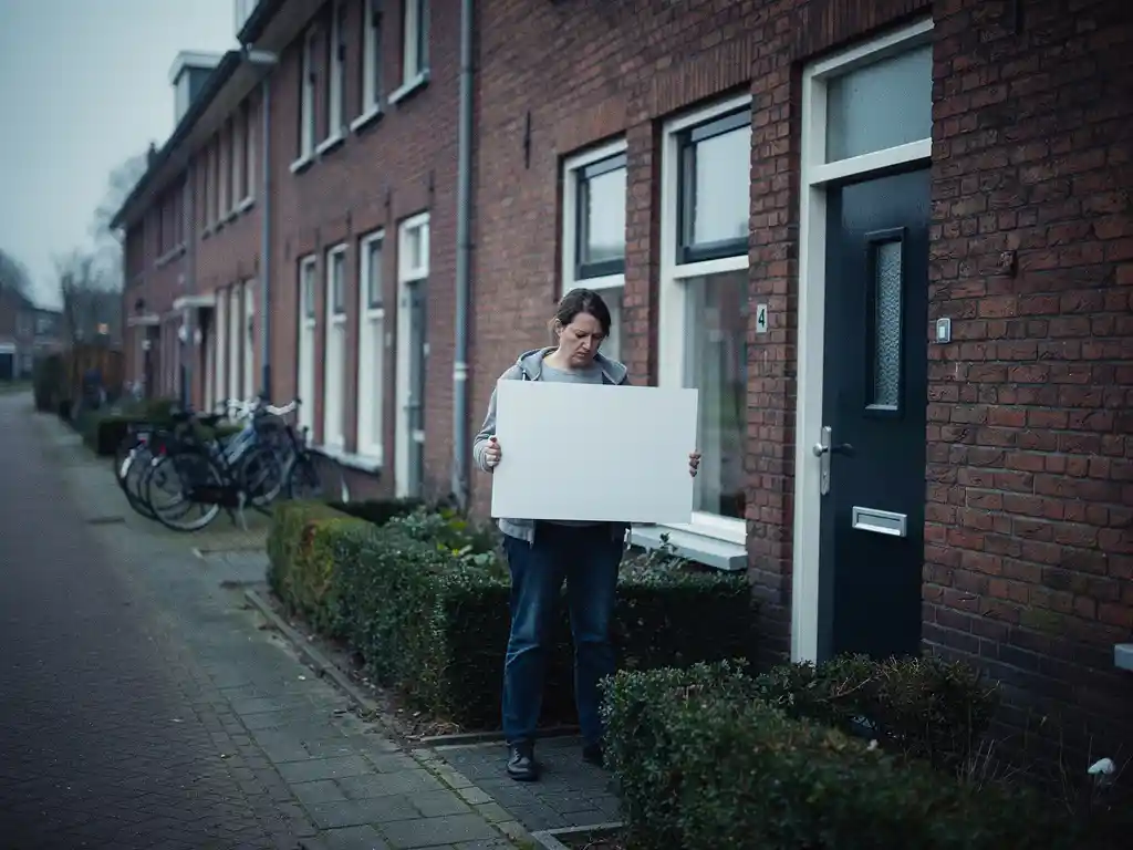 Gefrustreerde huiseigenaar houdt handgeschreven Te Koop-bord vast bij voordeur van rood bakstenen rijtjeshuis in Bodegraven.