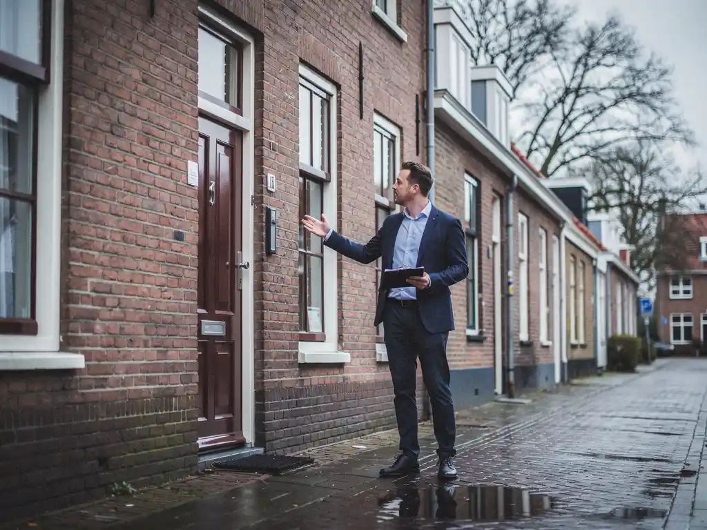 Makelaar in zakelijke kleding bij de voordeur van een rood bakstenen rijtjeshuis in Bodegraven, wijzend naar de gevel met klembord in hand.