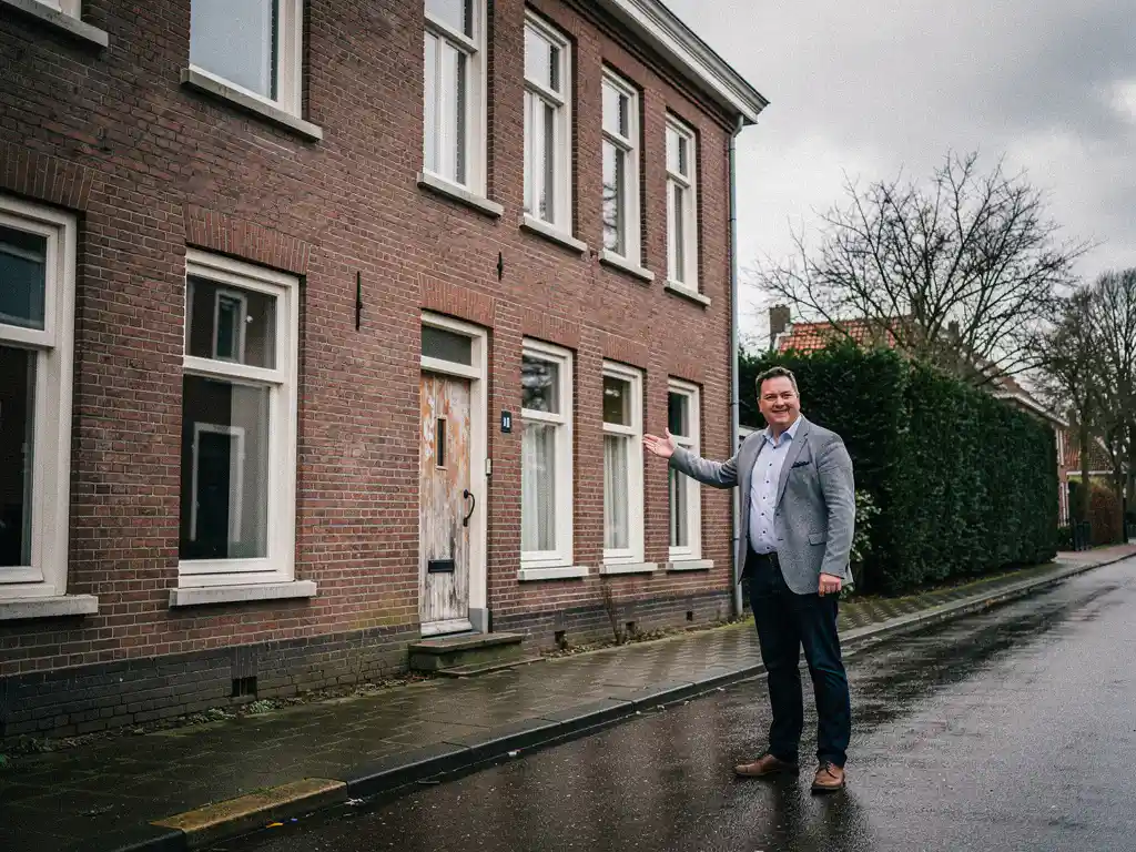 Makelaar in casual kleding wijst naar een traditionele rode bakstenen rijtjeswoning in Bodegraven op een bewolkte ochtend.