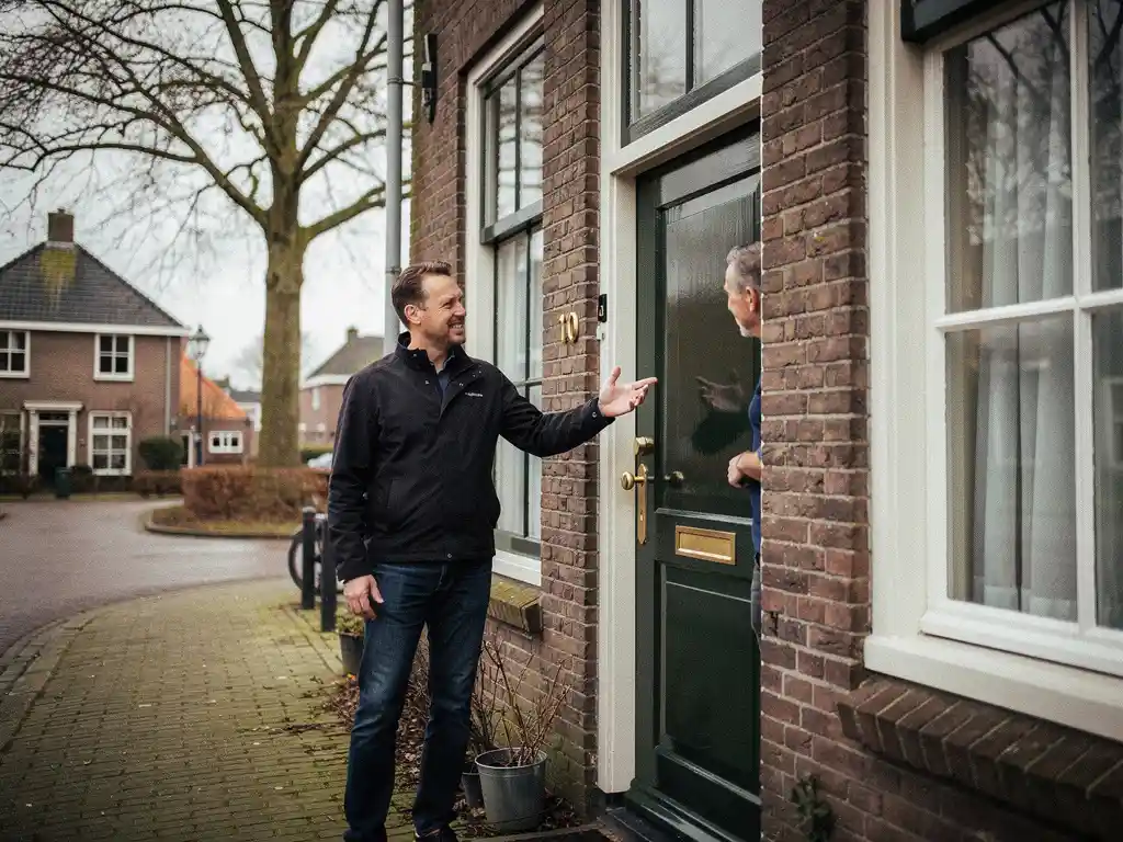 Makelaar bespreekt woningverkoop met huiseigenaar bij bakstenen voordeur in Bodegraven op bewolkte dag.