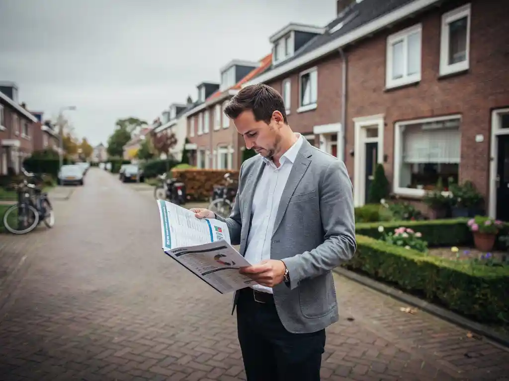 Makelaar bestudeert buurtrapport op een bakstenen straat in Bodegraven, omringd door traditionele Nederlandse rijtjeshuizen met rode gevels.