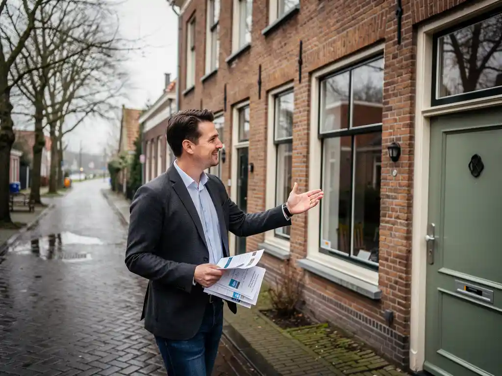 Makelaar in casual zakelijke kleding naast een rood bakstenen grachtenpand in Bodegraven, wijzend naar de gevel met woningdocumenten in hand.