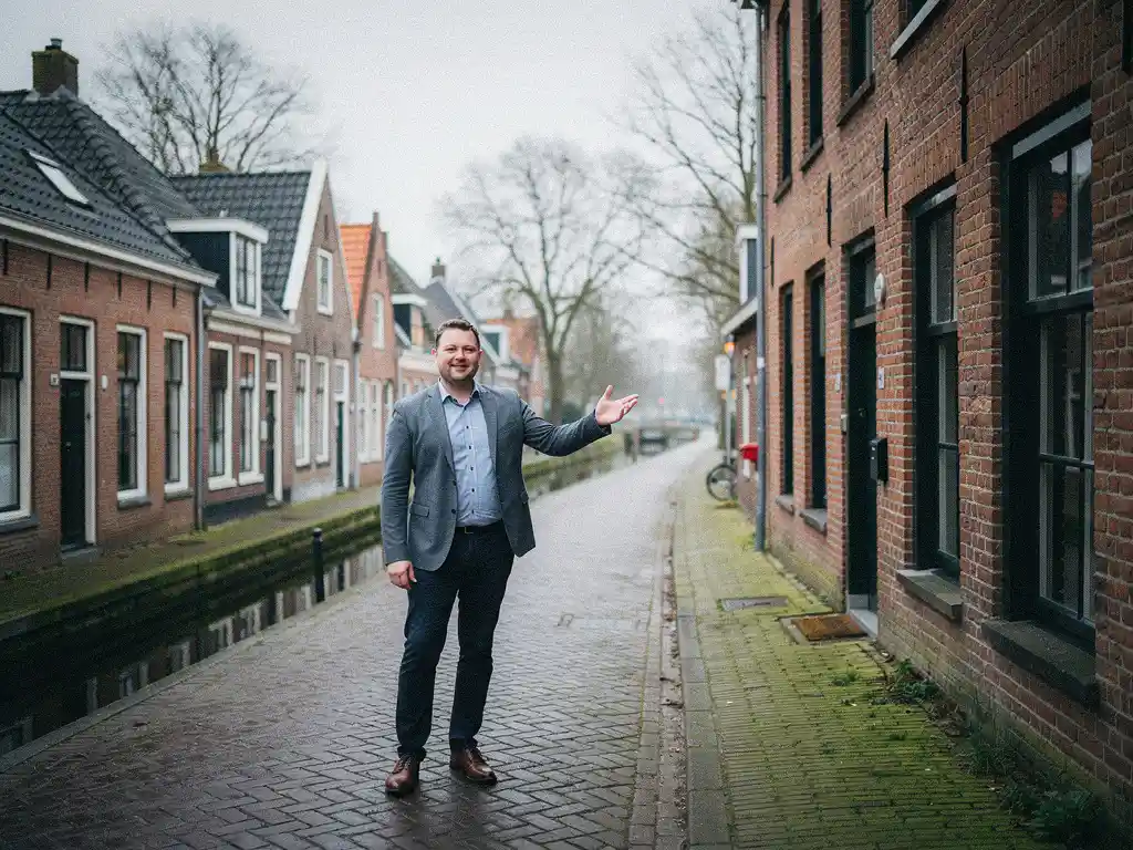 Makelaar in casual zakelijke kleding wijst naar een traditioneel rood-bakstenen rijtjeshuis in Bodegraven onder een bewolkte Nederlandse lucht.