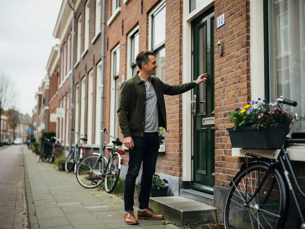 Makelaar wijst naar de gevel van een rood bakstenen rijtjeswoning in Bodegraven, fietsen tegen de muur op een smalle straat.