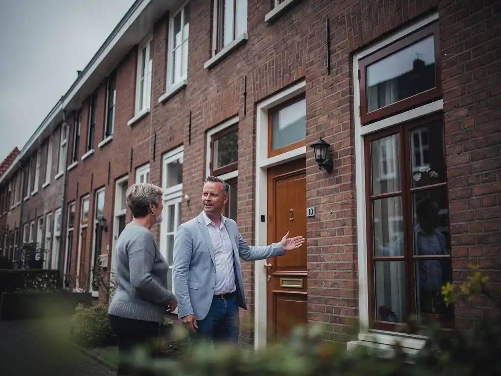 Makelaar in casual kleding bespreekt woningverkoop met eigenaar bij rood bakstenen rijtjeshuis in Bodegraven.