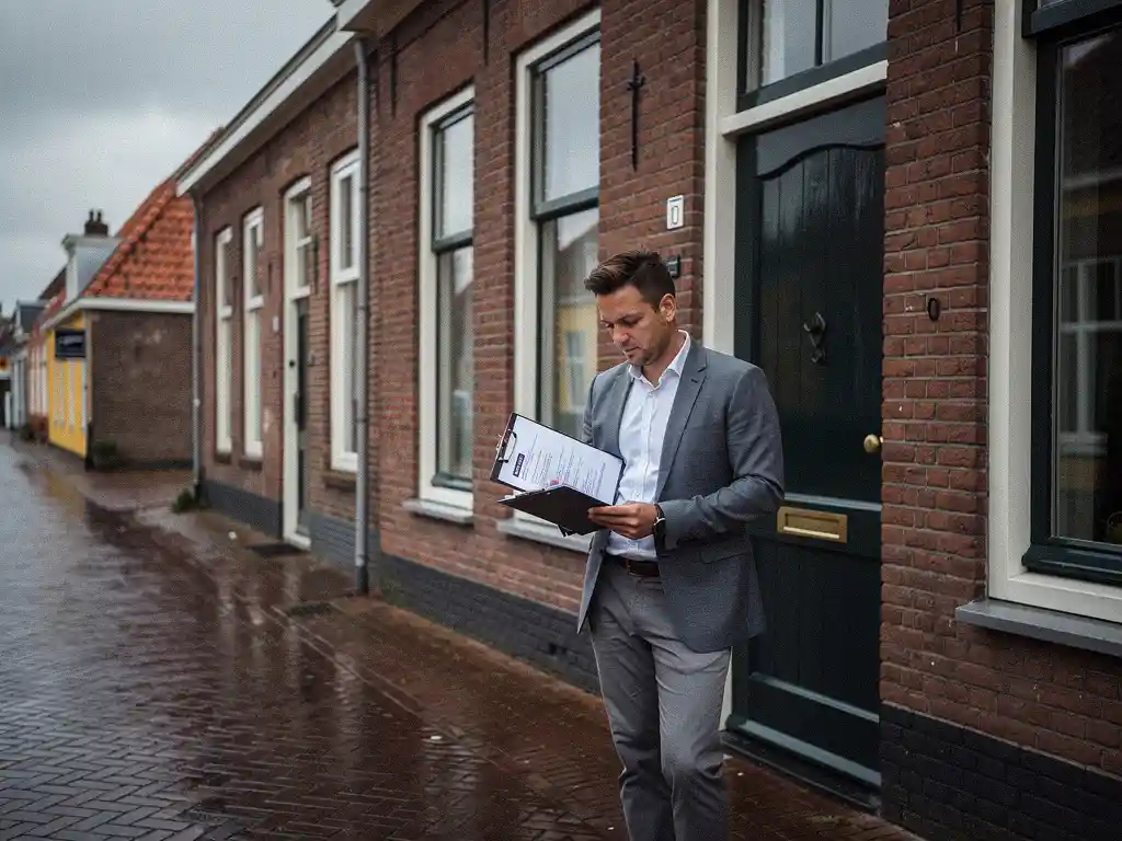 Makelaar in zakelijke kleding bekijkt papieren op klembord voor een roodstenen rijtjeshuis in Bodegraven op bewolkte dag.
