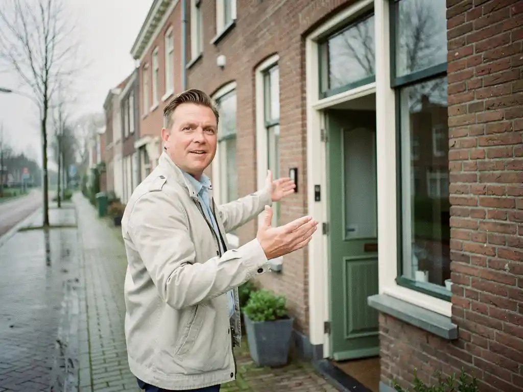 Makelaar wijst naar de gevel van een roodstenen rijtjeswoning in Bodegraven op een bewolkte vroege lentedag.