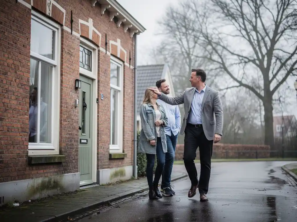 Makelaar begeleidt stel langs een rood bakstenen rijtjeshuis in Bodegraven op een bewolkte ochtend.