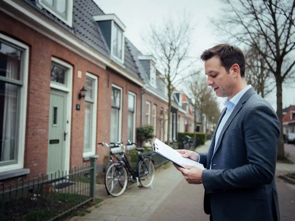 Makelaar met klembord naast traditionele rode bakstenen rijtjeswoning in Bodegraven, vroeg voorjaar, bewolkte lucht.
