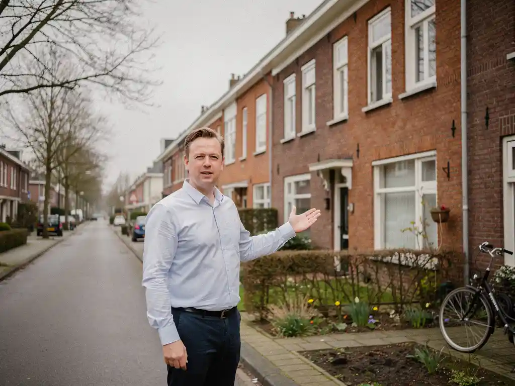 Makelaar in casual zakelijke kleding wijst naar een traditioneel rood bakstenen rijtjeshuis aan een rustige straat in Bodegraven, vroeg voorjaar.