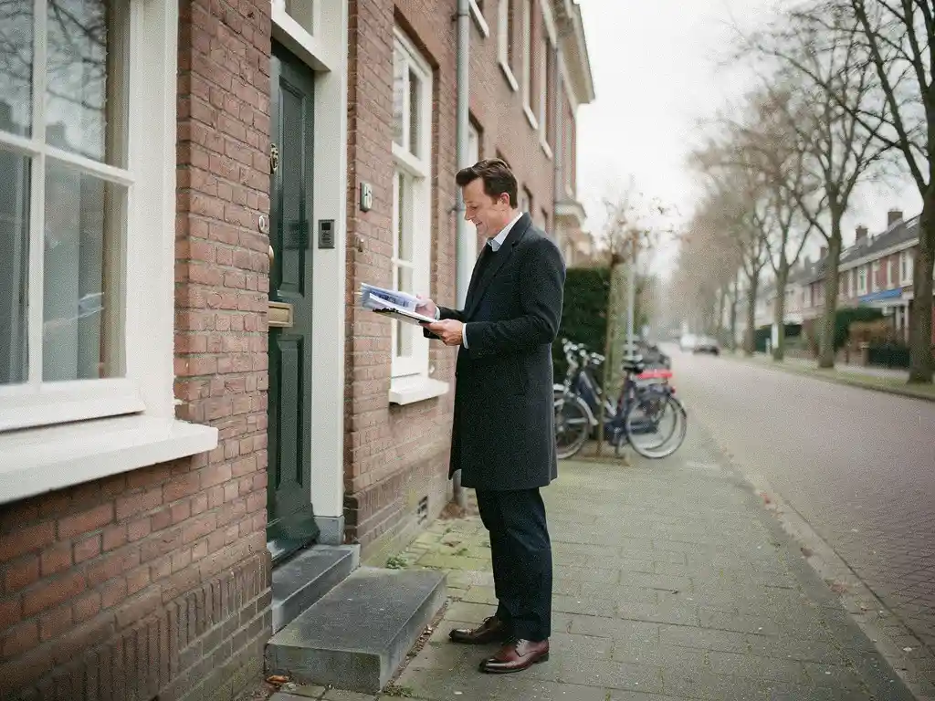 Makelaar met klembord bij de voordeur van een rood bakstenen rijtjeshuis in Bodegraven op bewolkte dag.