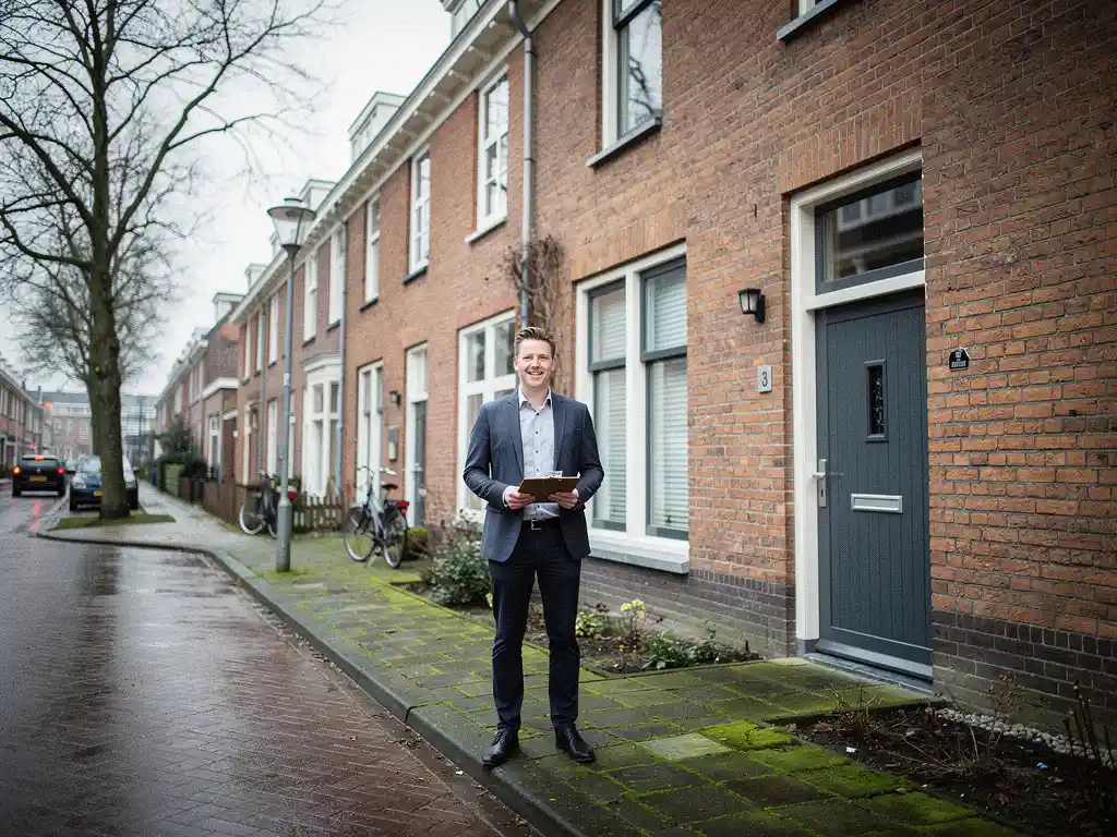 Makelaar in casual zakelijke kleding bij de voordeur van een rood bakstenen rijtjeshuis in Bodegraven, bewolkt daglicht.
