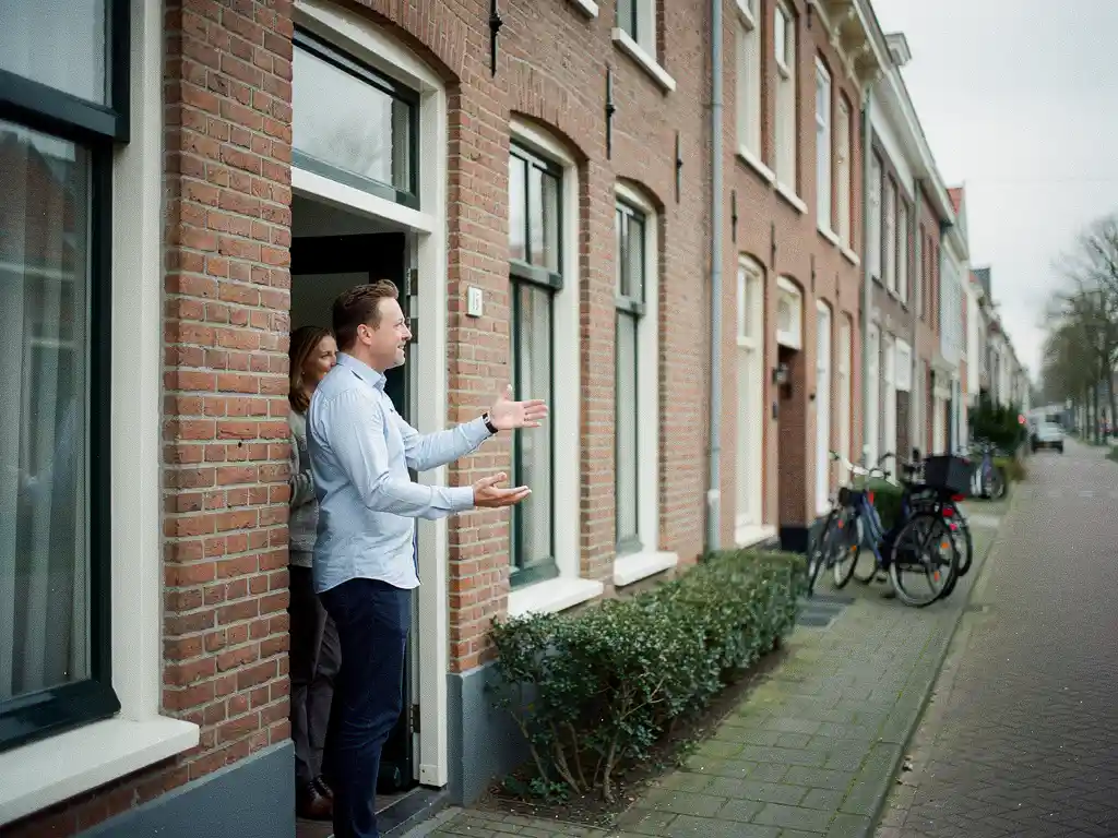 Makelaar in casual zakelijke kleding wijst naar de gevel van een roodstenen rijtjeshuis in Bodegraven tijdens gesprek met huiseigenaar.