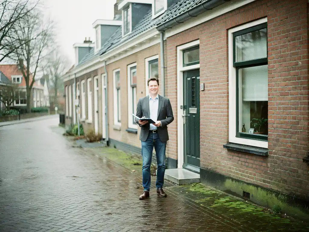 Makelaar met klembord bij de voordeur van een rood bakstenen rijtjeshuis in Bodegraven onder bewolkte lucht.