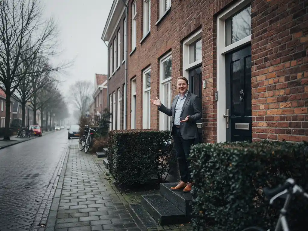 Makelaar in casual zakelijke kleding wijst naar de voordeur van een rood bakstenen rijtjeswoning in Bodegraven op een bewolkte dag.