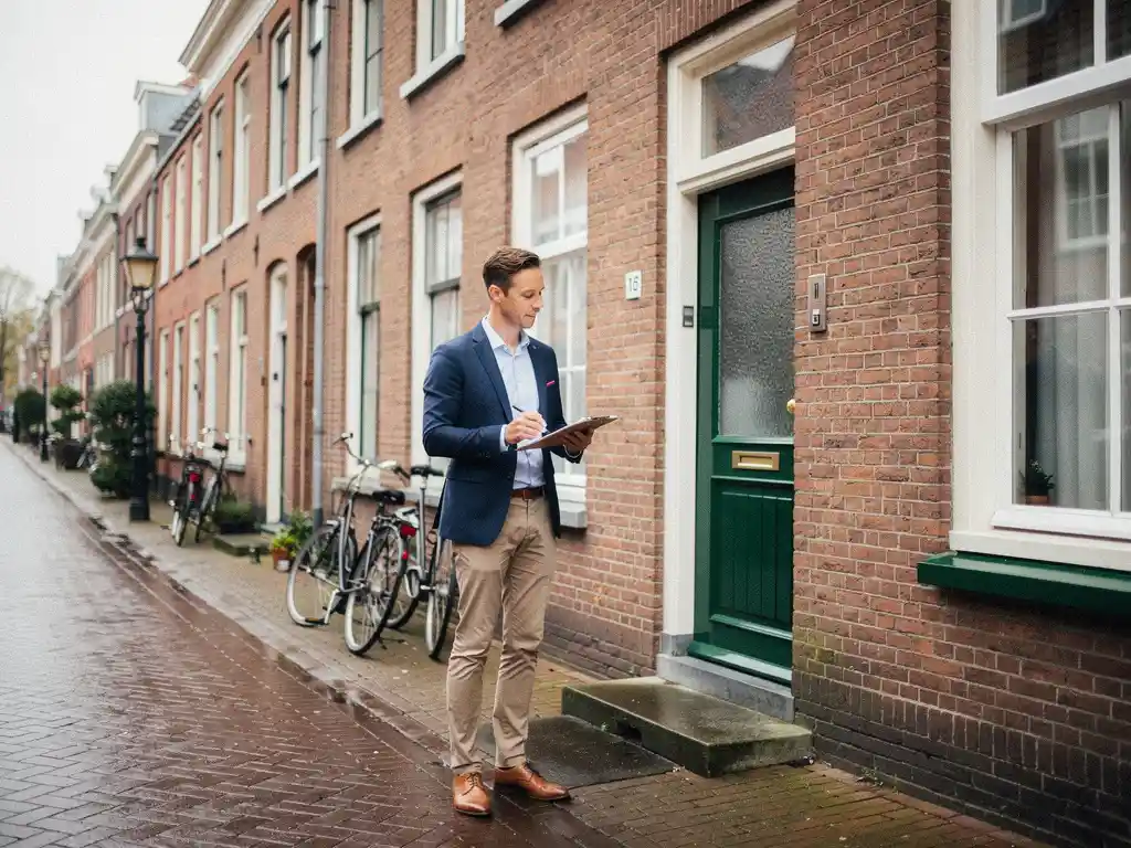 Makelaar met klembord inspecteert de gevel van een rood bakstenen rijtjeshuis in Bodegraven, fietsen op smalle straat op de achtergrond.