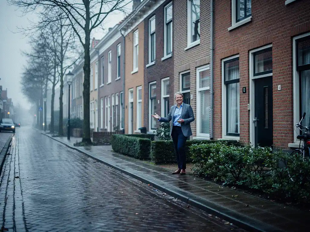 Makelaar in casual blazer wijst naar een rood bakstenen rijtjeshuis in Bodegraven, natte straatkeien en kale bomen op bewolkte ochtend.