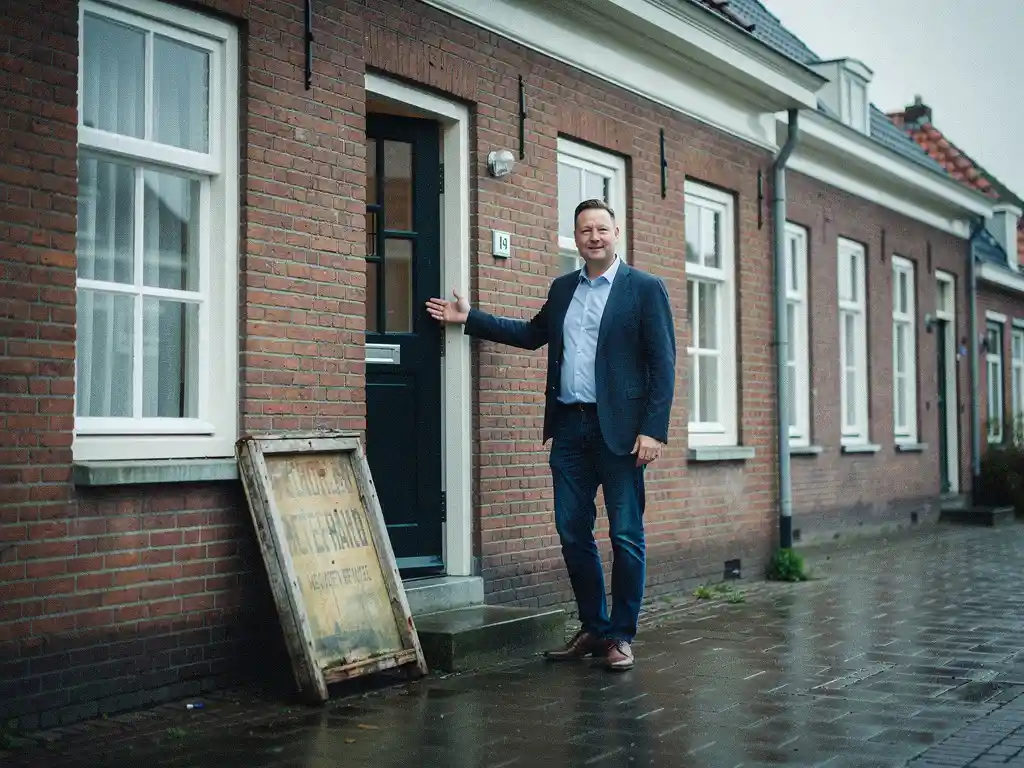 Makelaar in casual zakelijke kleding bij de voordeur van een rood bakstenen rijtjeshuis in Bodegraven, wijzend naar een scheef "Te Koop" bord.