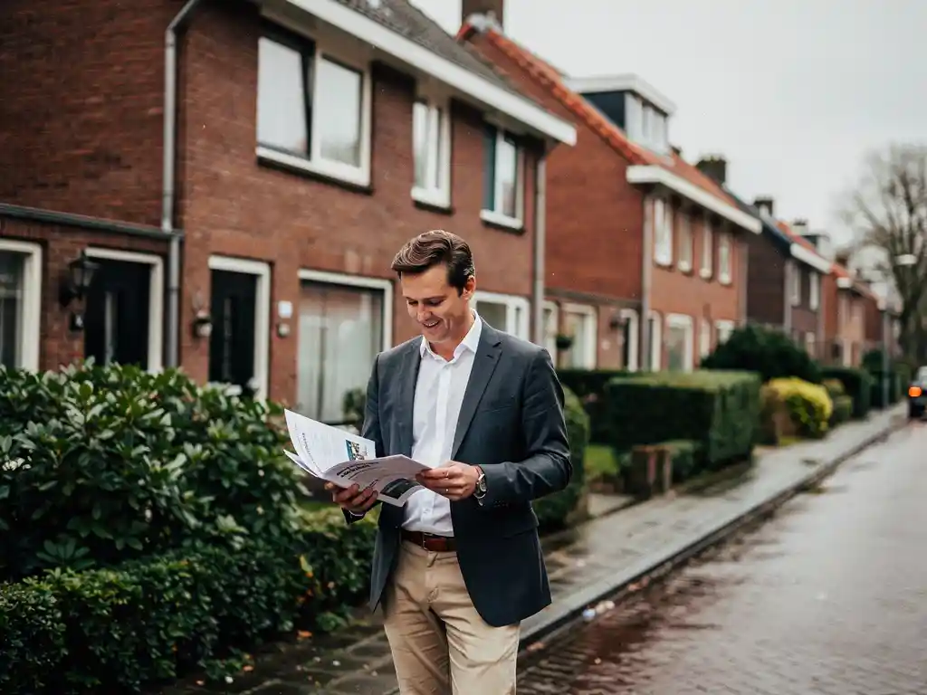 Makelaar bekijkt vastgoeddocumenten op een traditionele bakstenen woonstraat in Bodegraven op een bewolkte dag.