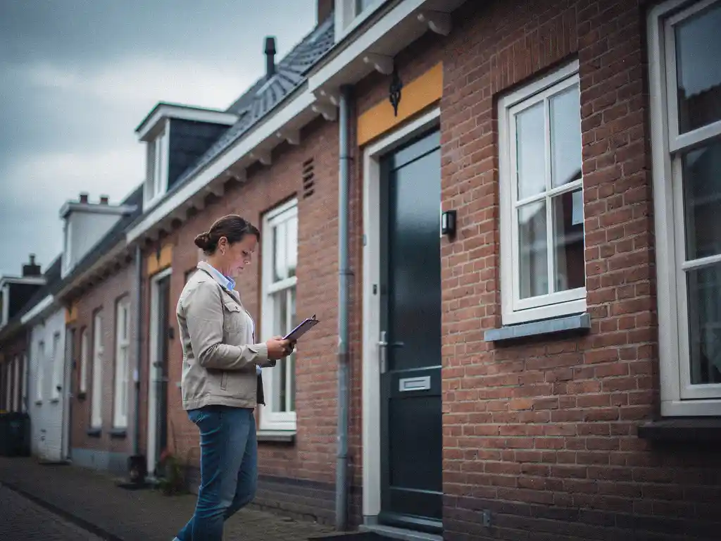 Makelaar met klembord bij voordeur van rood bakstenen rijtjeshuis in Bodegraven onder bewolkte lucht.